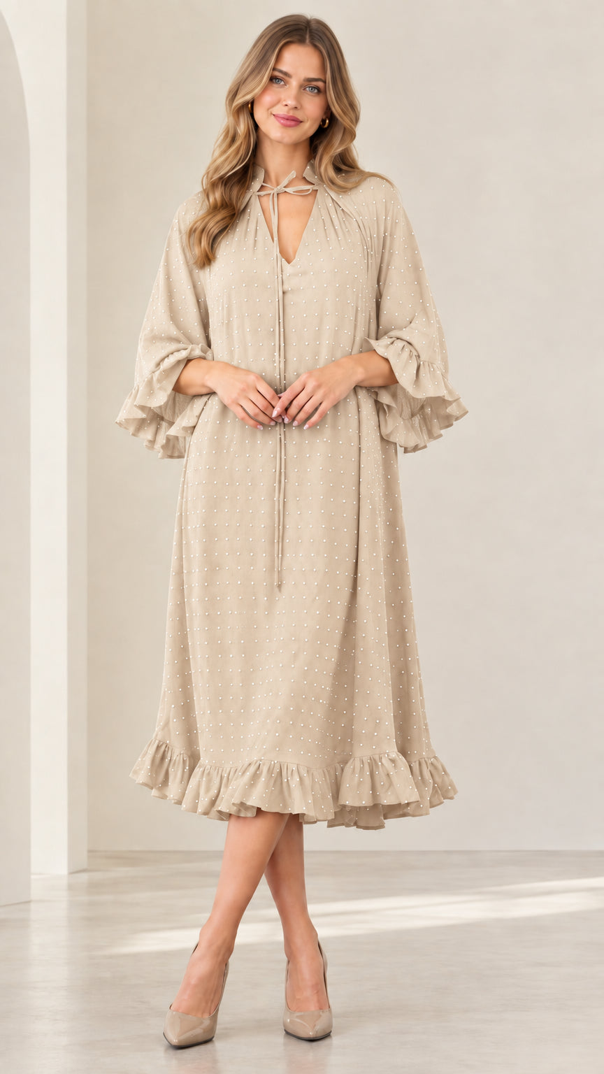 Beige champagne sparkle tie-neck midi dress with tiered ruffle details
