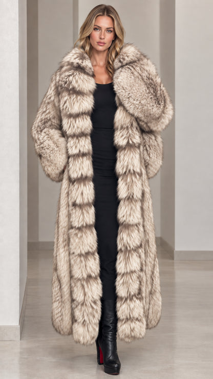 Full-length champagne beige tipped faux fur maxi coat