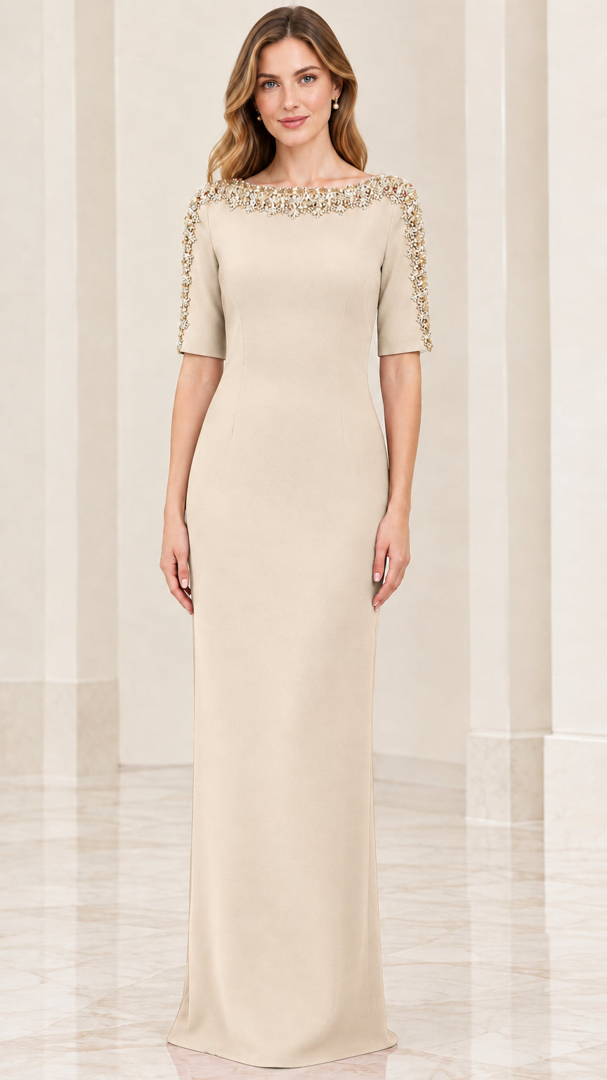 Front full-length view of model wearing champagne beige embellished formal evening gown