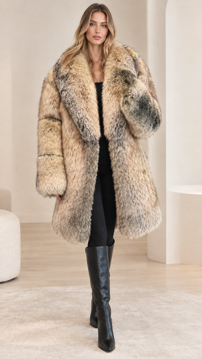 Front view of a cream plush faux-fur-look women's coat