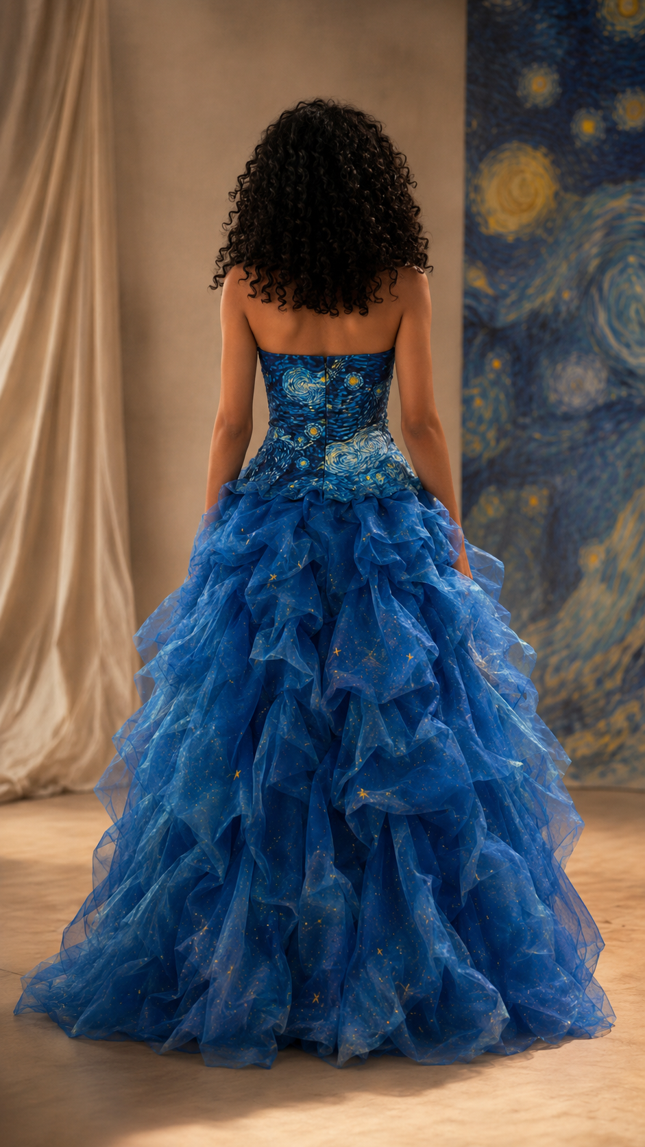 Back view of royal blue strapless ball gown with fitted bodice and full skirt