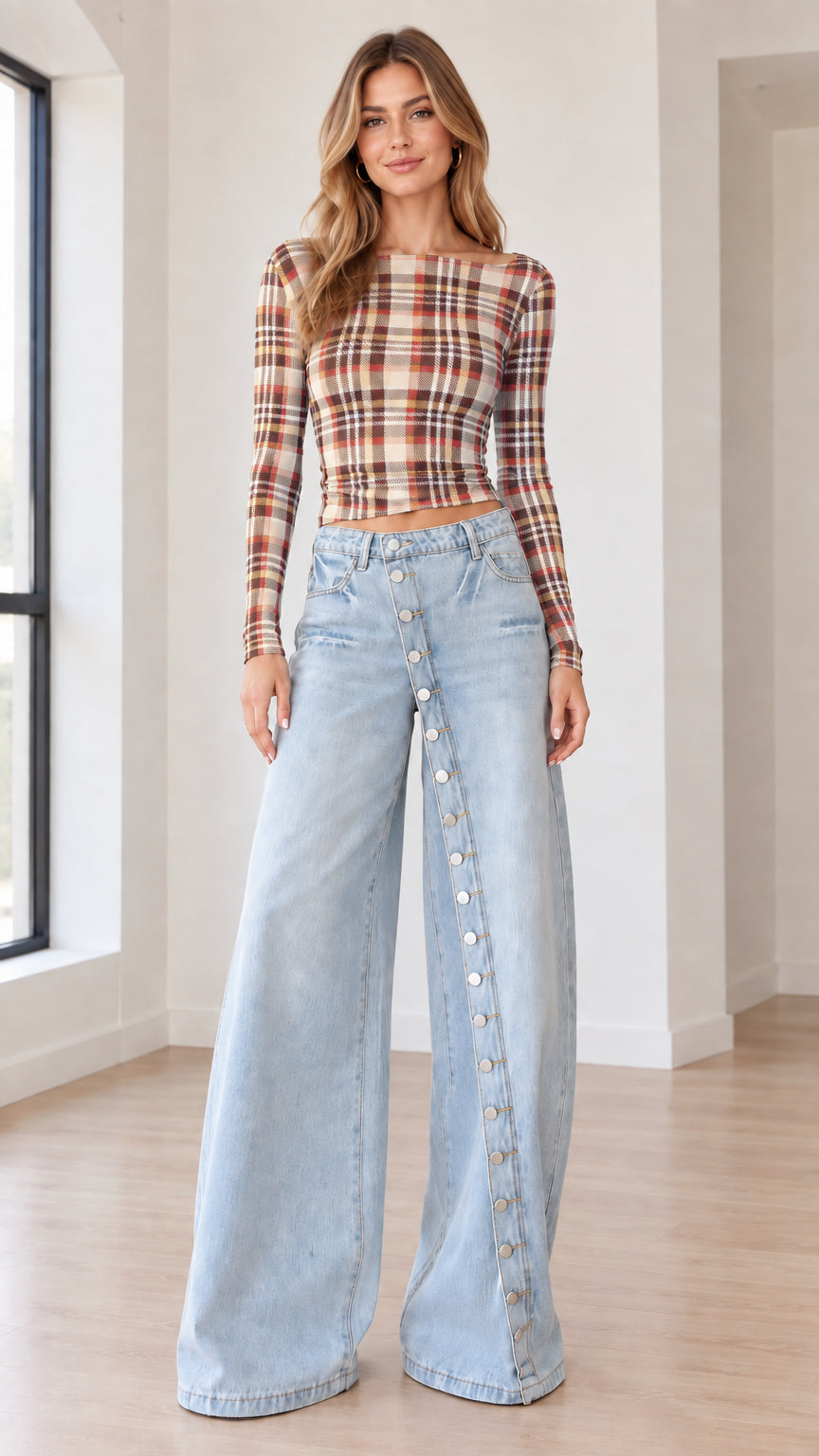 Model wearing Tan Plaid long sleeve boatneck crop top