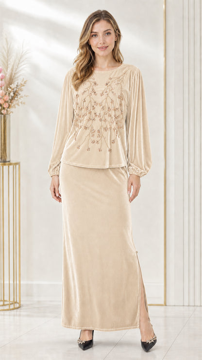 Full-length front view of champagne beige beaded velvet two-piece maxi skirt set