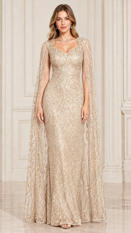 Front view of champagne gold sequin cape evening gown