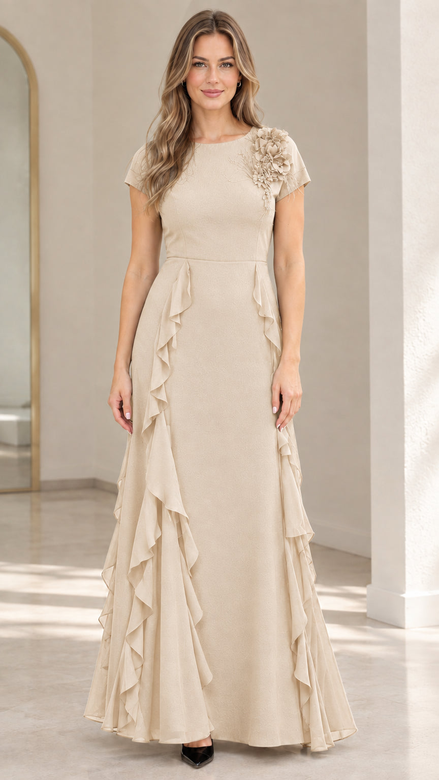 Front view of champagne beige elegant short sleeve maxi gown with cascading ruffles