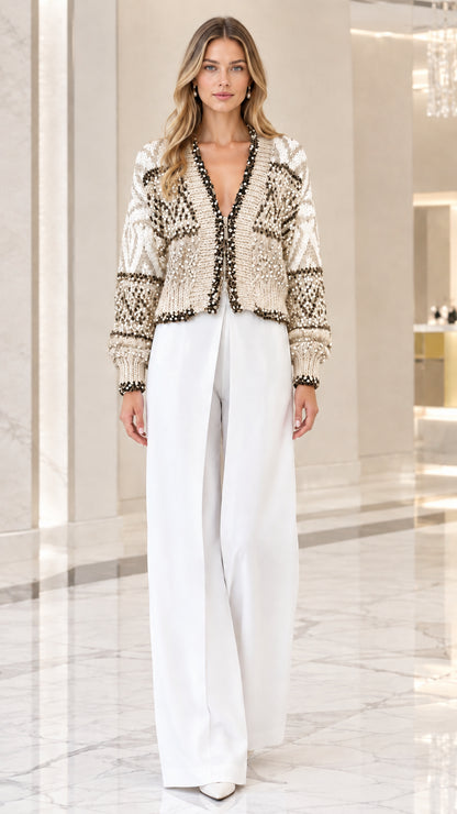 Model wearing cream beige sequin embellished knit cardigan front view