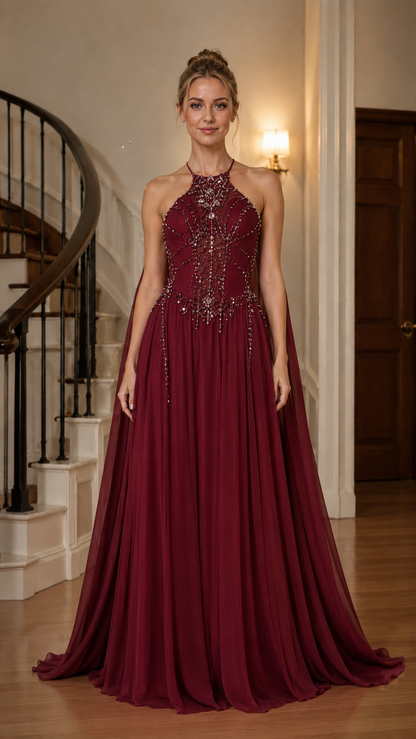 Burgundy beaded halter evening gown with elegant floor-length A-line shape