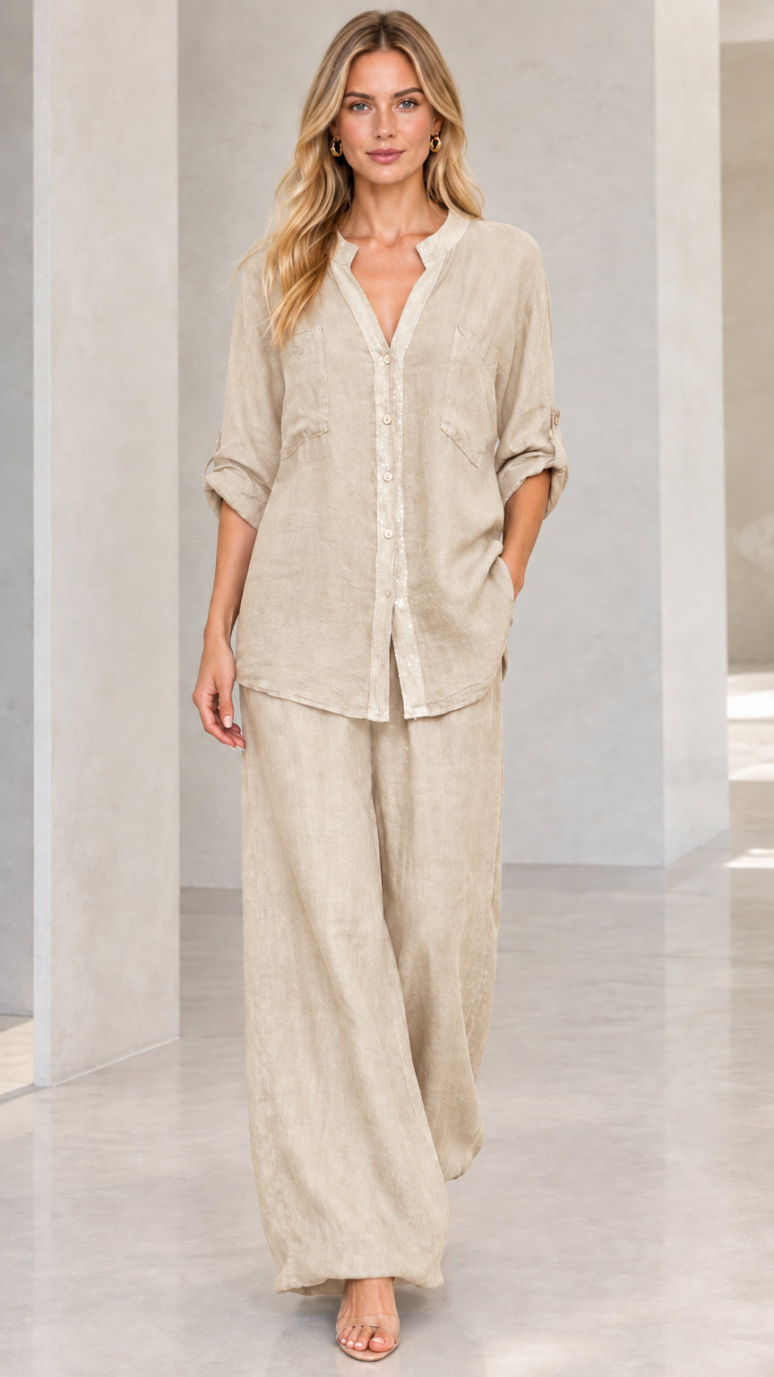 Full-length front view of beige natural linen-look two-piece matching set