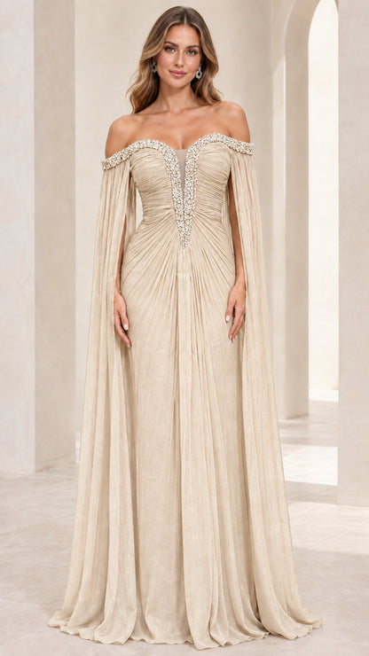 Champagne beige off-the-shoulder ruched formal evening gown