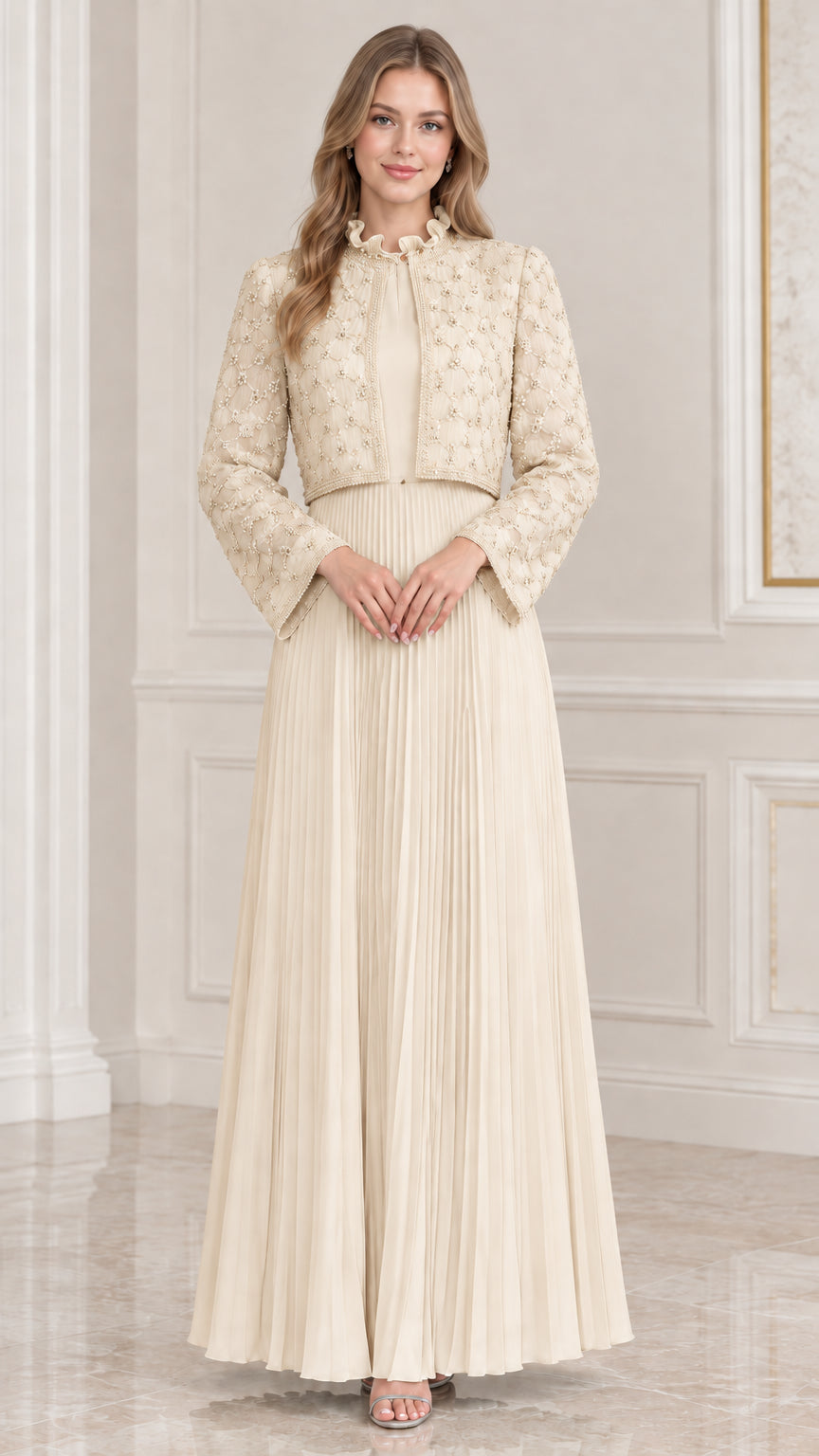 Champagne cream two-piece pleated evening gown with beaded lace jacket