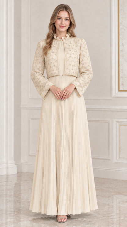 Champagne cream two-piece pleated evening gown with beaded lace jacket