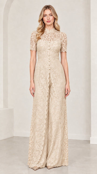 Front full-length view of champagne beige floral lace wide-leg evening jumpsuit