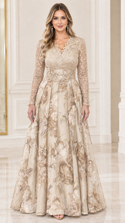 Champagne gold lace top floral evening maxi gown