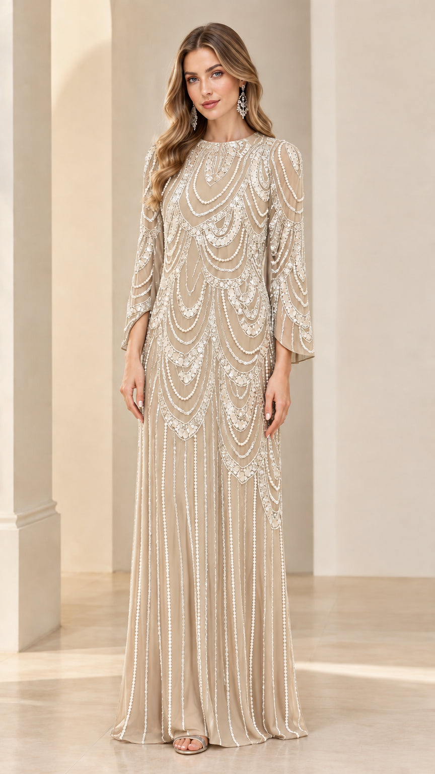 Front full-length view of champagne beige beaded scalloped formal maxi dress