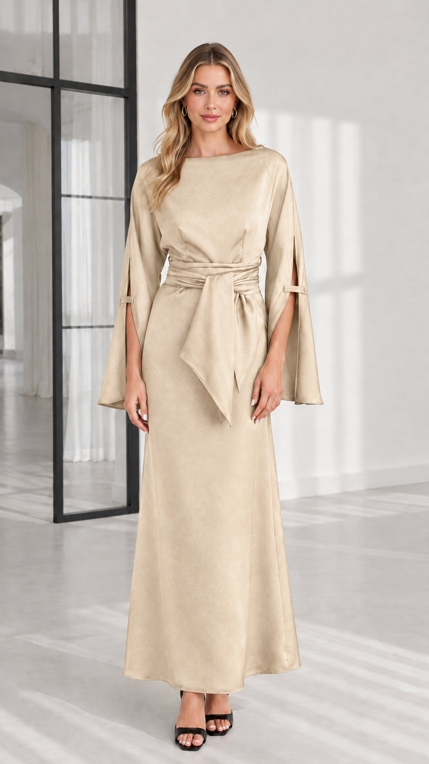 Front view of champagne beige long sleeve tie-waist evening dress