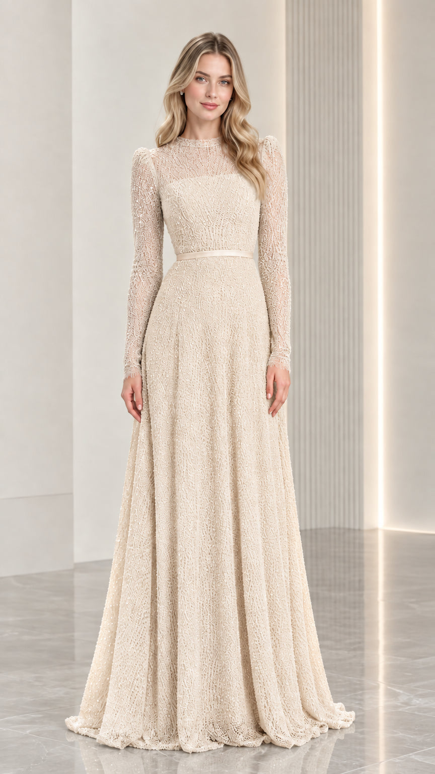 Full-length champagne beige long sleeve floor-length evening dress