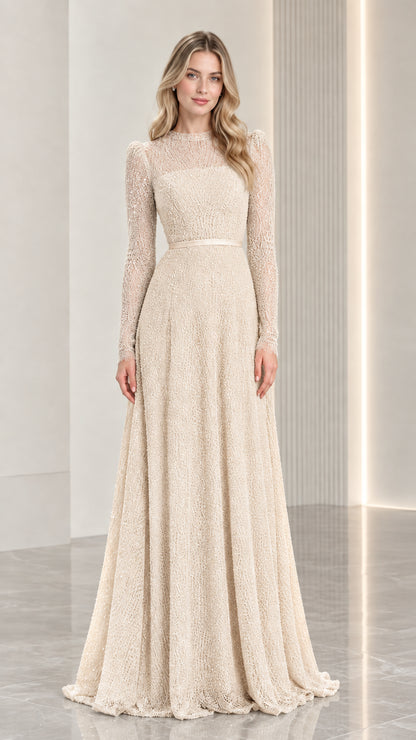 Full-length champagne beige long sleeve floor-length evening dress