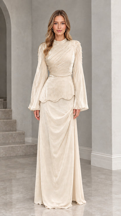 Champagne cream high neck long sleeve formal maxi dress