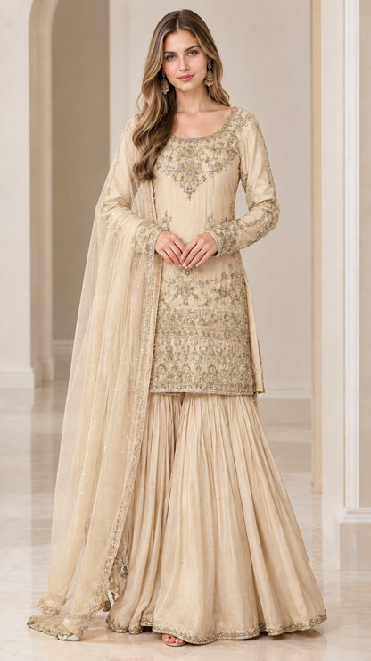 Champagne beige embroidered kurti with flared sharara pants and dupatta