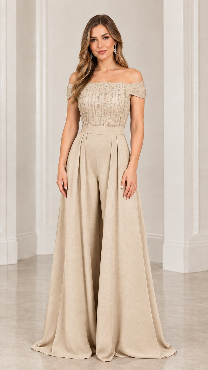 Champagne beige off-the-shoulder embellished wide-leg evening jumpsuit
