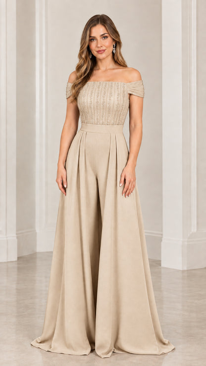 Champagne beige off-the-shoulder embellished wide-leg evening jumpsuit
