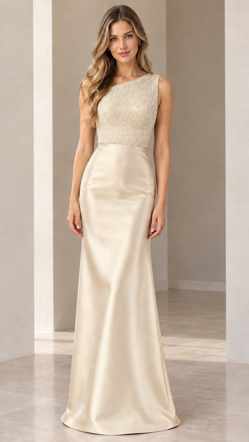 Champagne one-shoulder beaded bodice satin evening gown