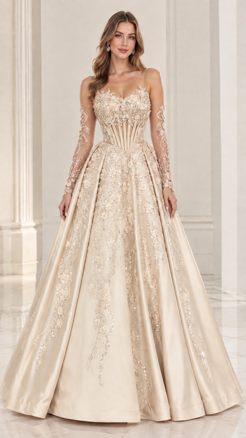 Champagne gold floor-length corset evening gown with sheer sleeves