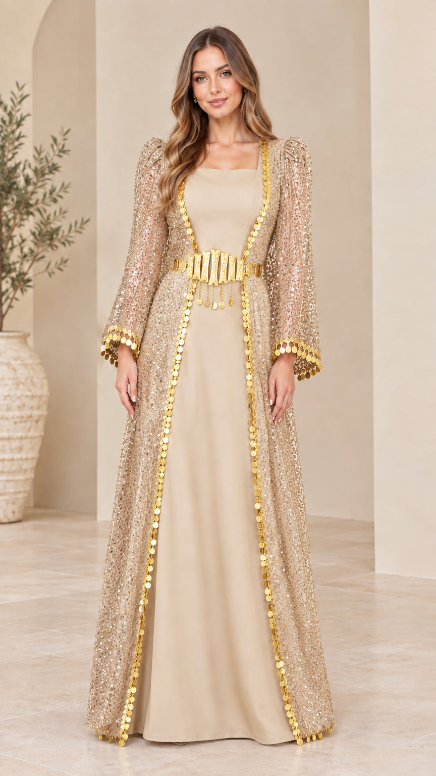 Champagne beige sequin kaftan maxi dress with gold coin trim