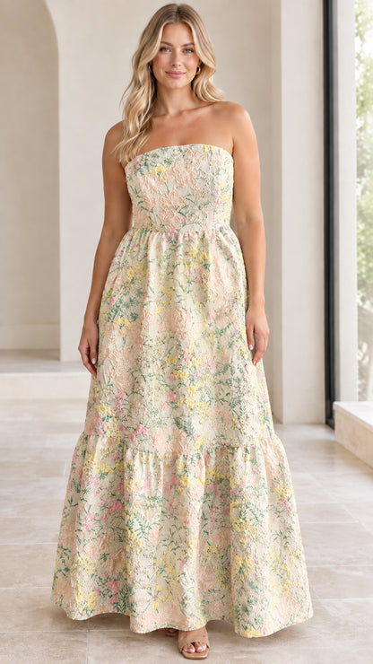 Front full view of strapless floral jacquard maxi dress in champagne yellow