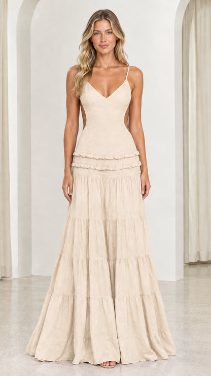 Front view of model wearing Cream tiered cutout maxi dress