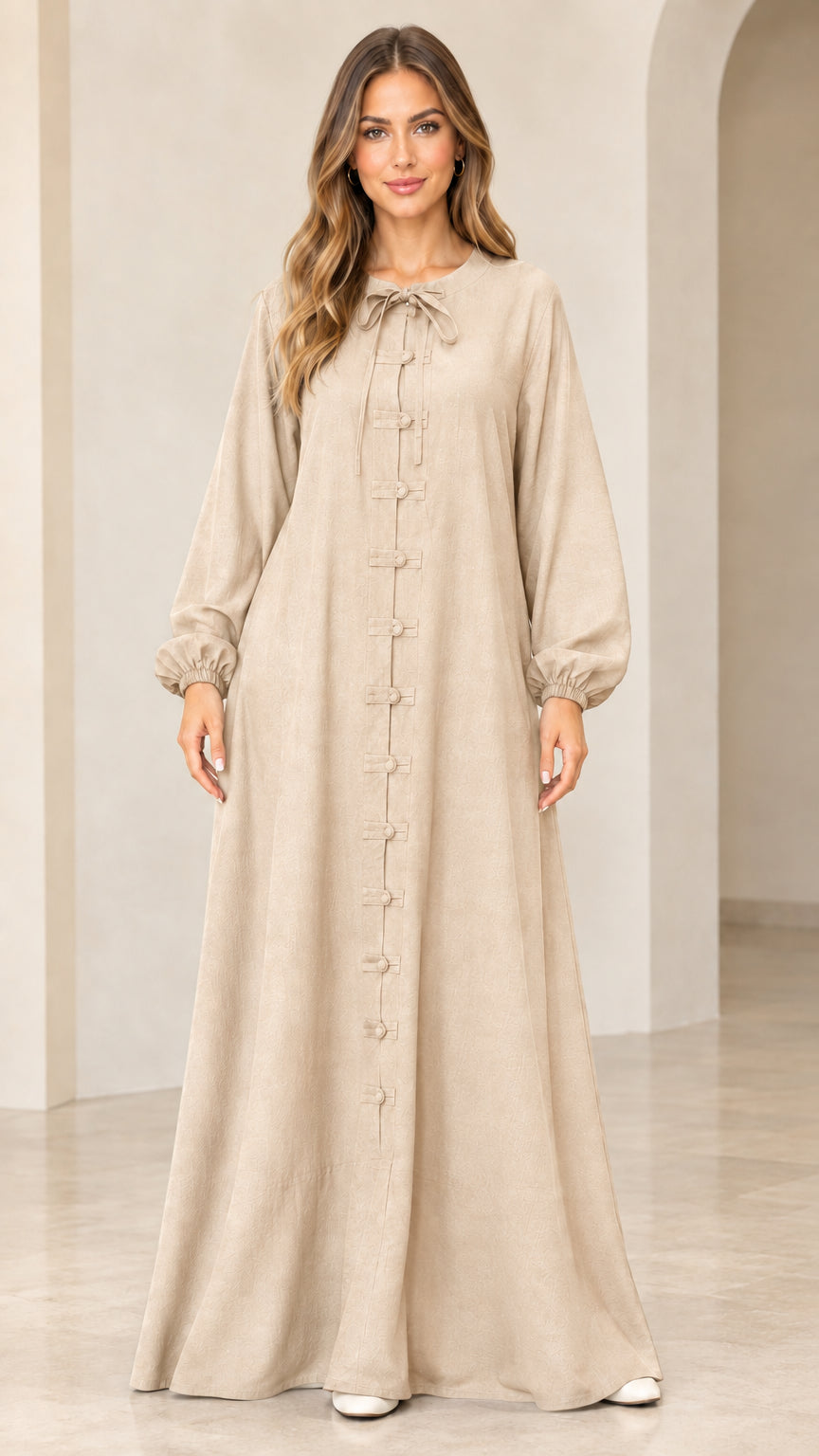 Beige long sleeve tie neck maxi dress