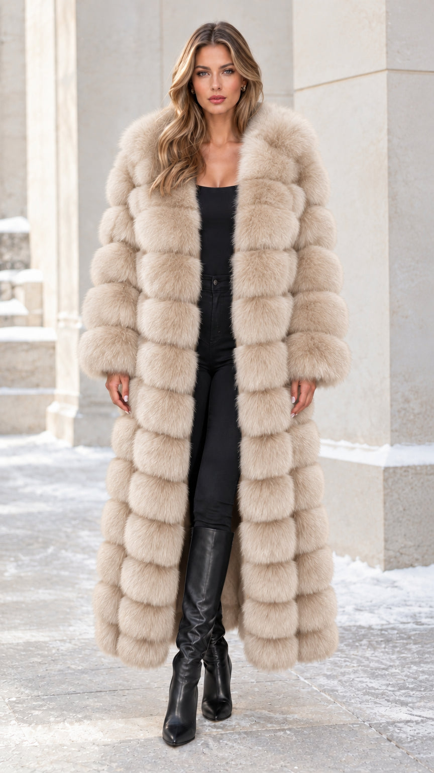 Model wearing beige champagne plush floor-length faux fur coat