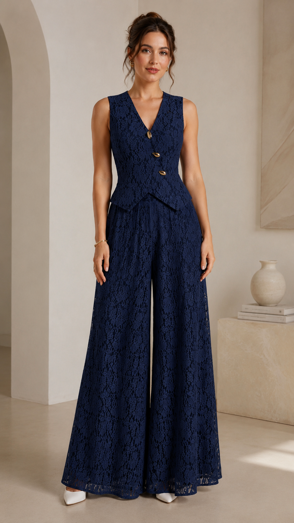 Navy sleeveless lace wide leg jumpsuit with button front detail