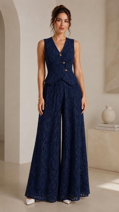 Navy sleeveless lace wide leg jumpsuit with button front detail