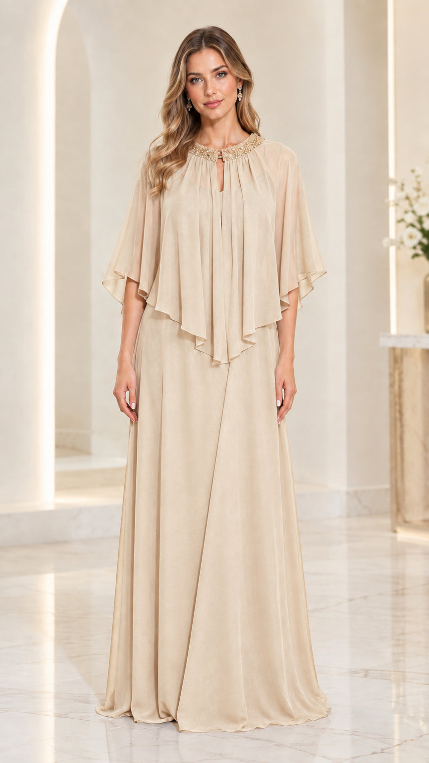 Front view of champagne beige chiffon capelet evening dress