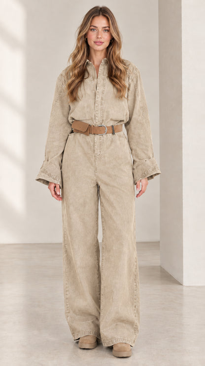 Front view of women's sand beige long sleeve wide leg utility jumpsuit