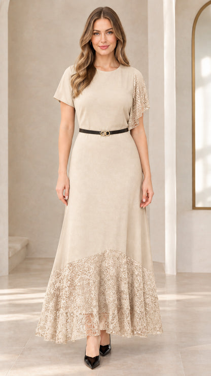Full front view of champagne beige lace patchwork belted maxi dress