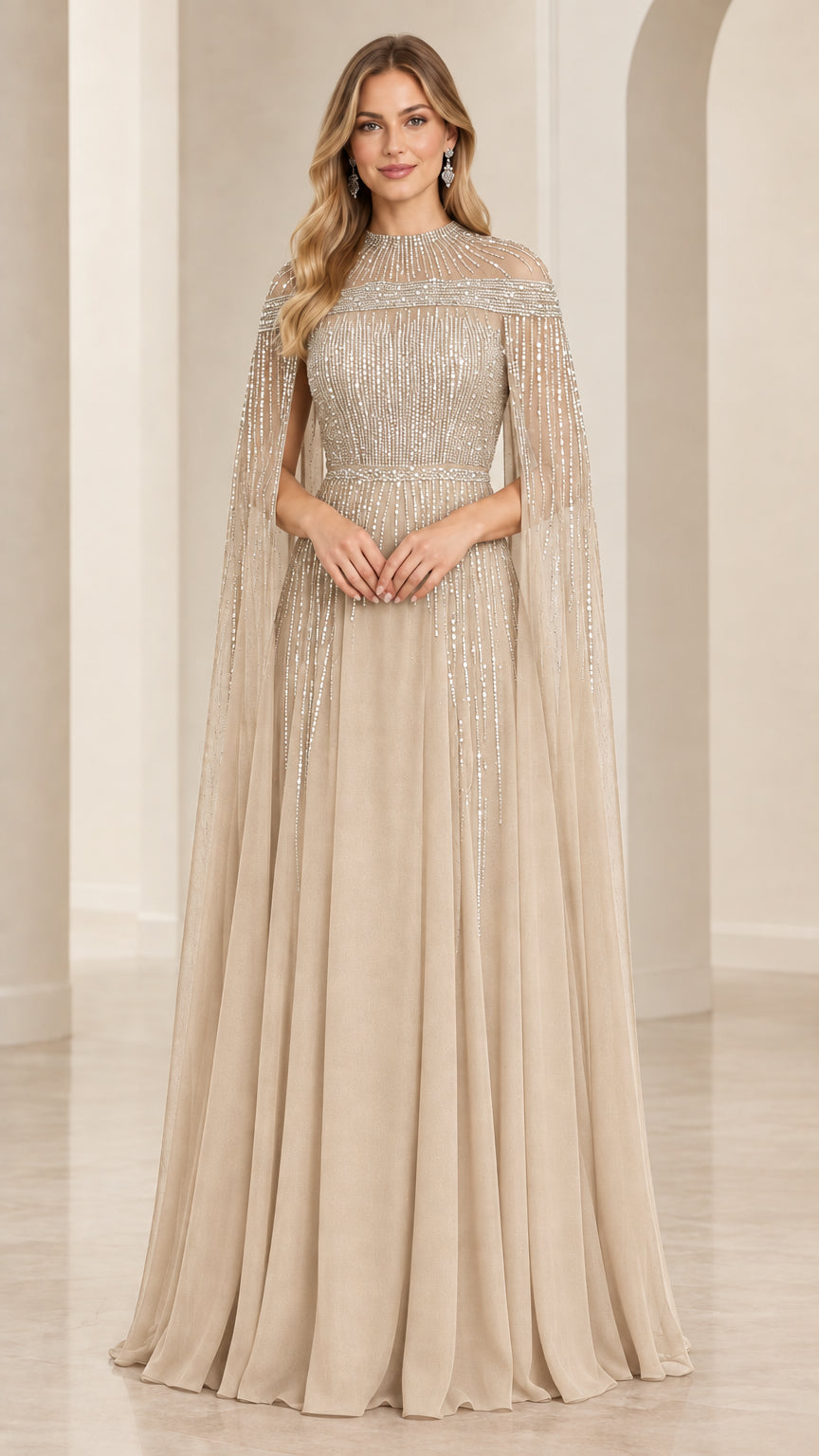 Champagne beaded cape sleeve floor length evening gown