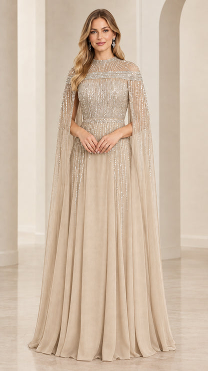 Champagne beaded cape sleeve floor length evening gown