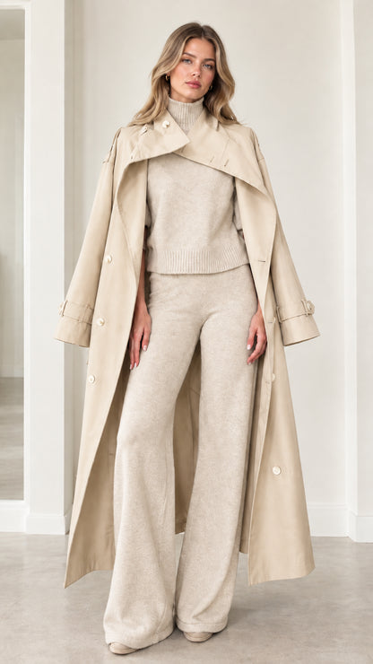 Full-length front view of cream light beige cape-collar maxi trench coat