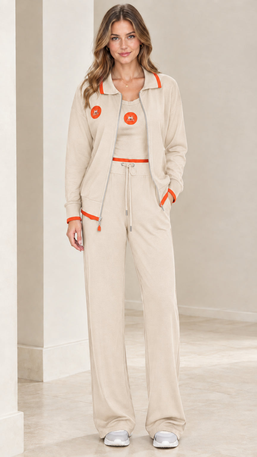 Full front view of beige taupe 3-piece tracksuit set with orange accents