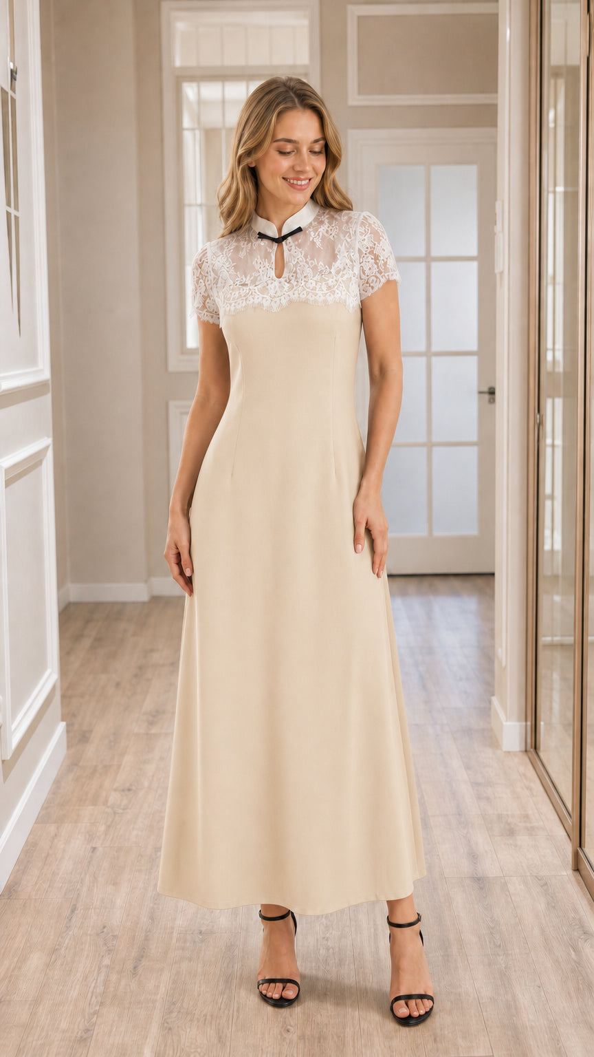 Front view of model wearing champagne beige lace yoke A-line maxi dress