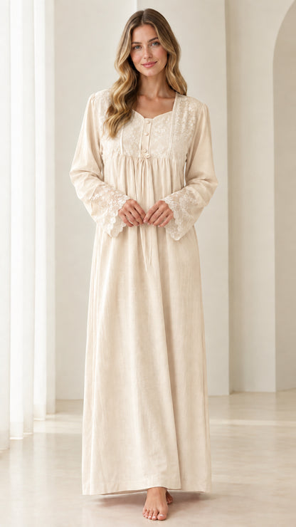 Full-length front view of cream ivory Victorian lace maxi sleep dress