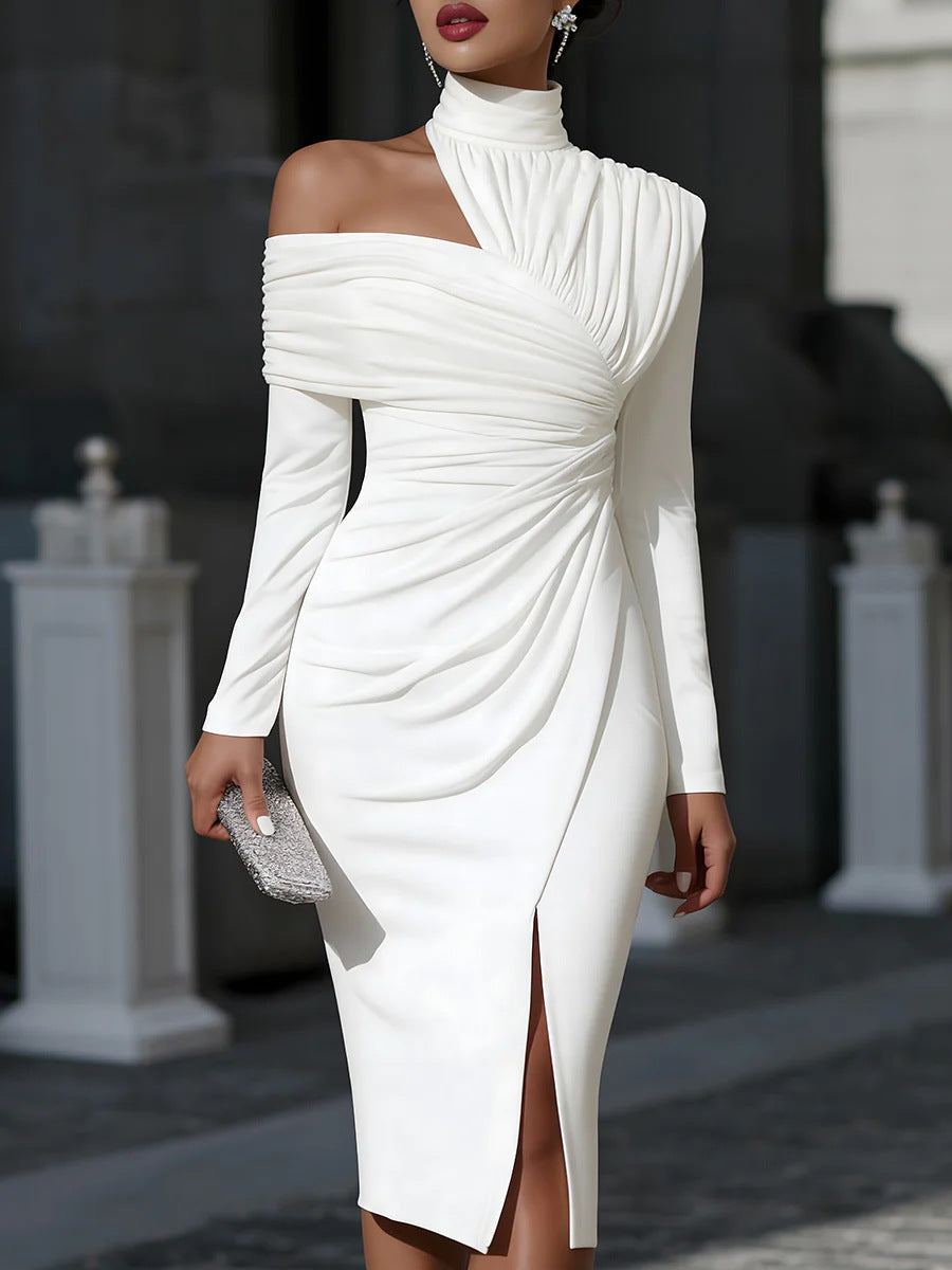White One Shoulder Ruched Midi Dress