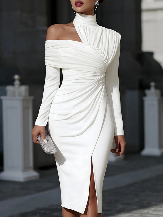 White One Shoulder Ruched Midi Dress